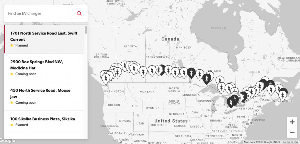 Map of Petro-Canada fast charging stations
