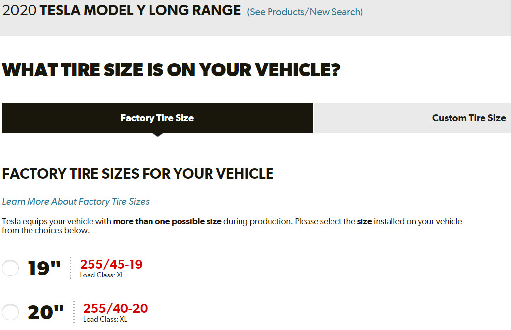 Tesla Model Y TireRack Tire Size