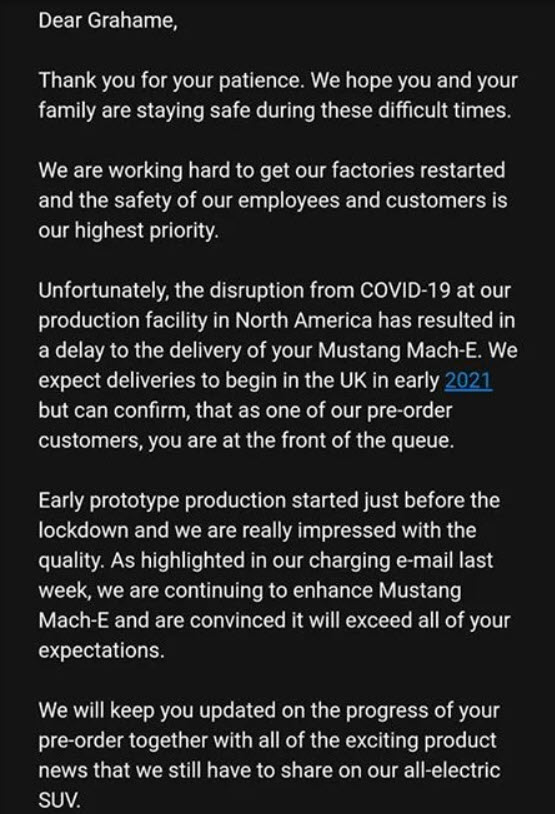 Ford Mach E delay email