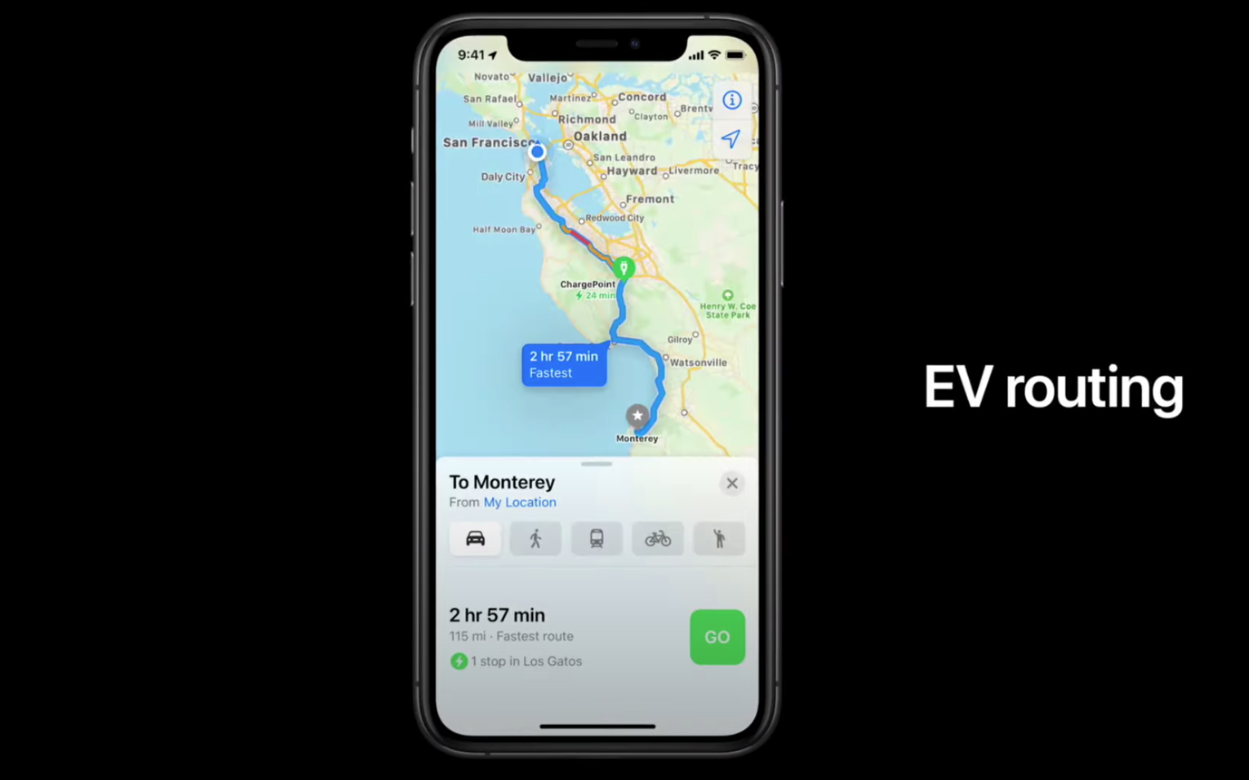 Apple Maps EV Routing phone
