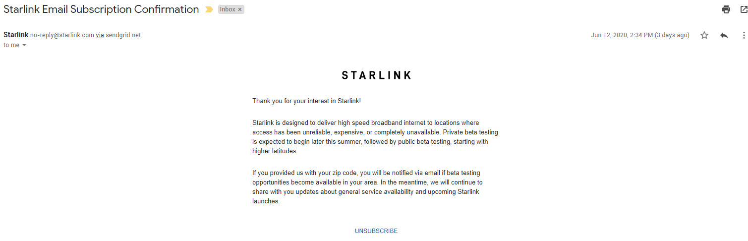 Starlink Beta tester email