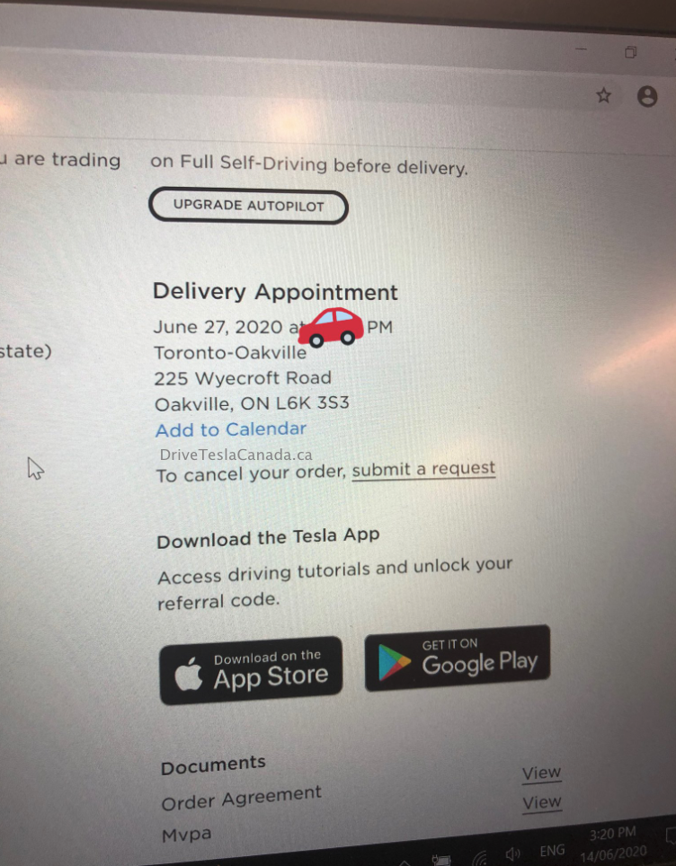 Tesla Model Y delivery date Oakville