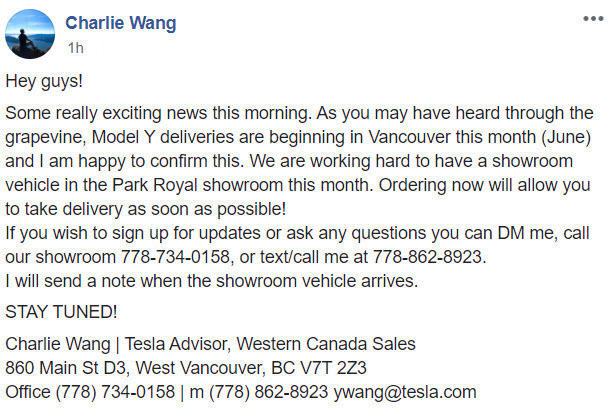 Tesla Vancouver Model Y statement