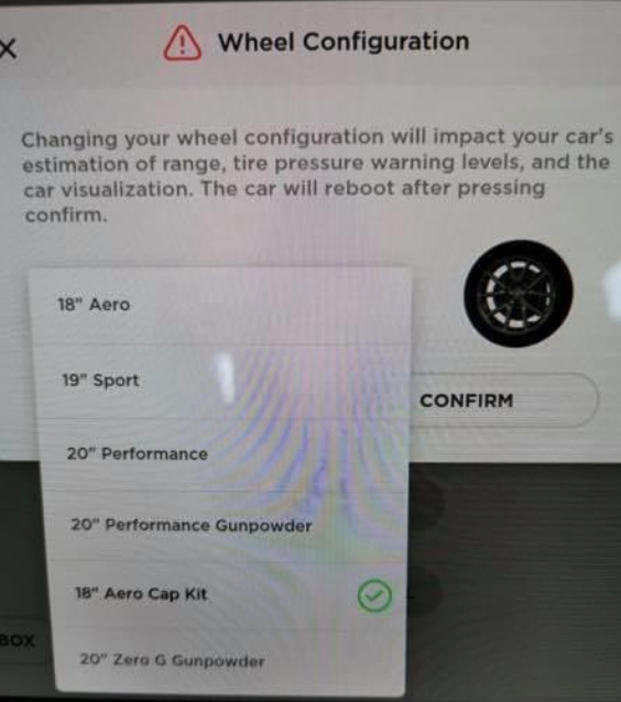 Tesla wheel configuration menu