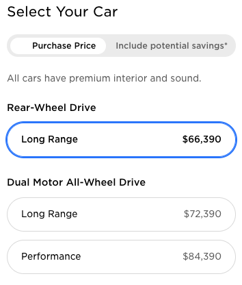 Tesla MOdel Y prices with RWD