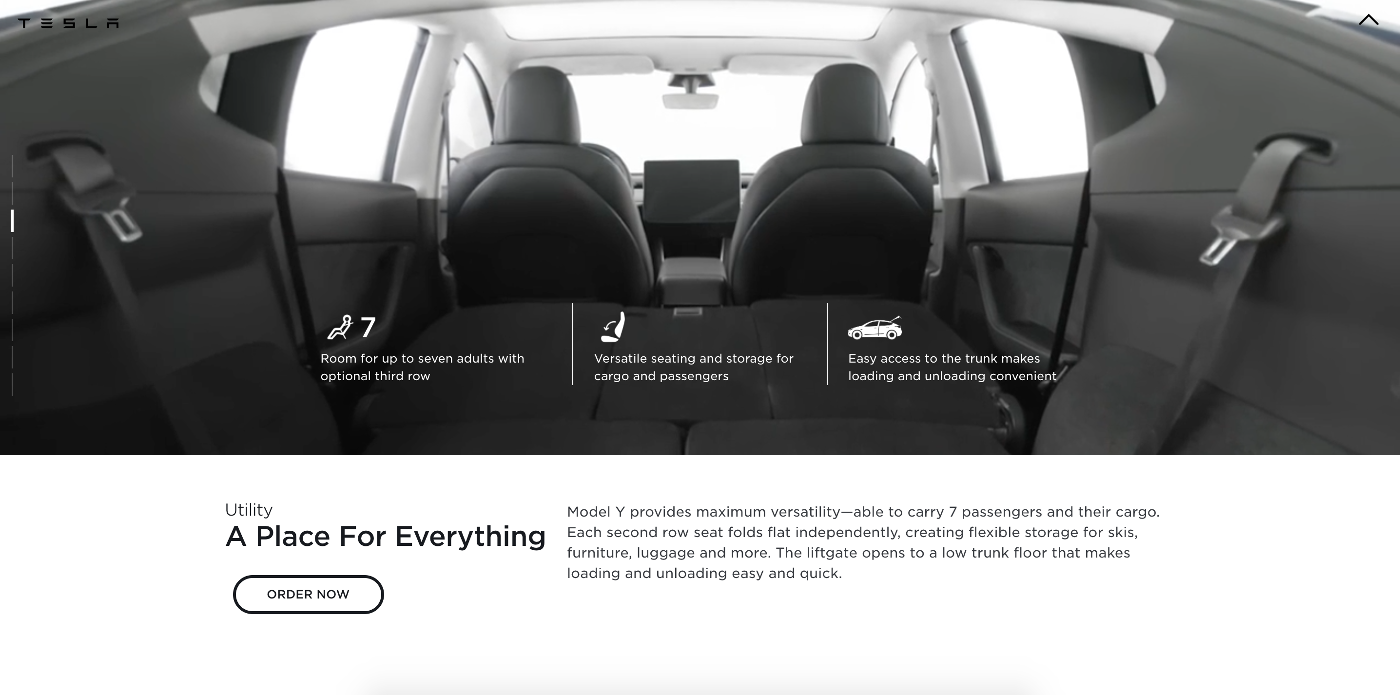 Tesla Model Y product page after showing third row