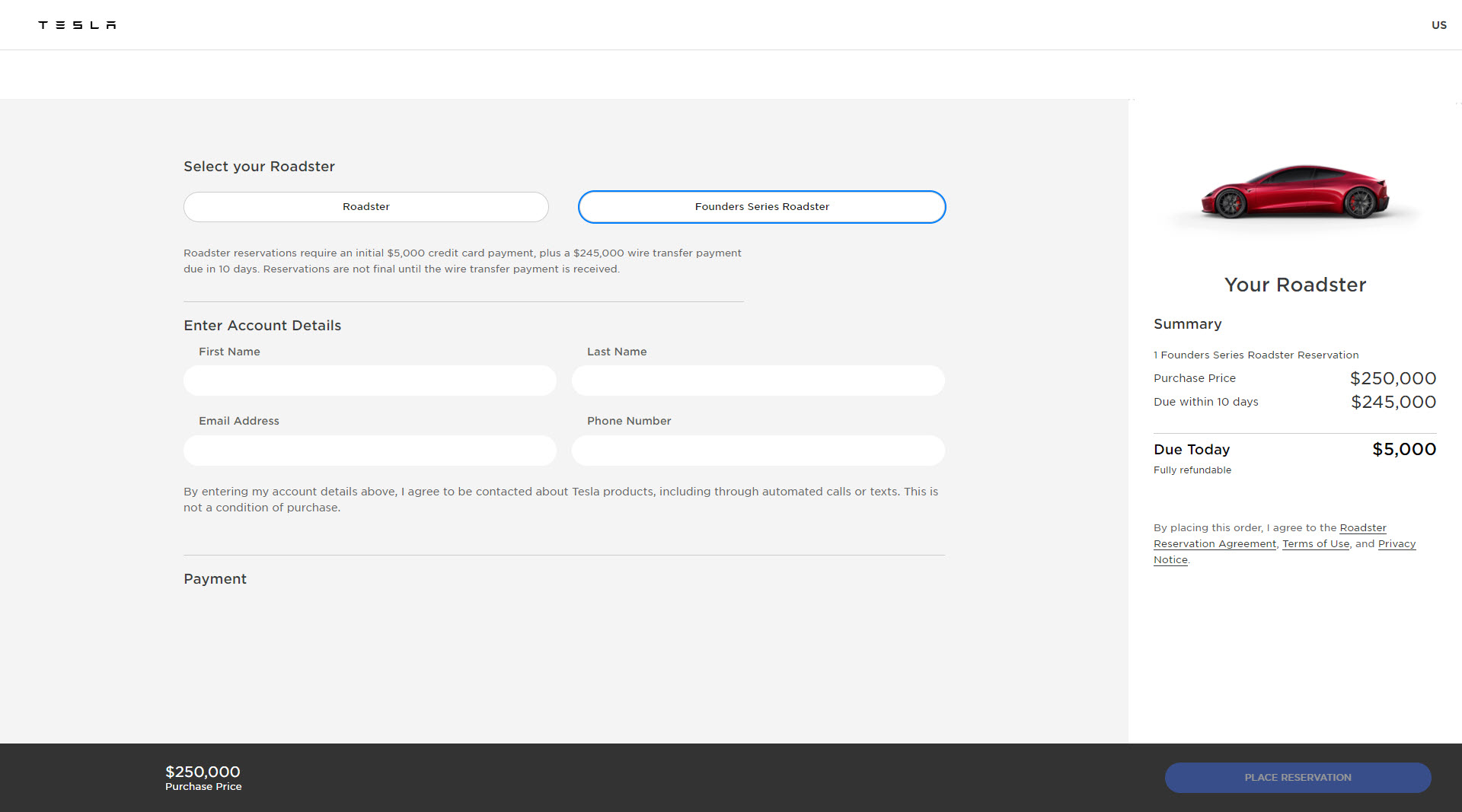 Tesla roadster clearance reservation