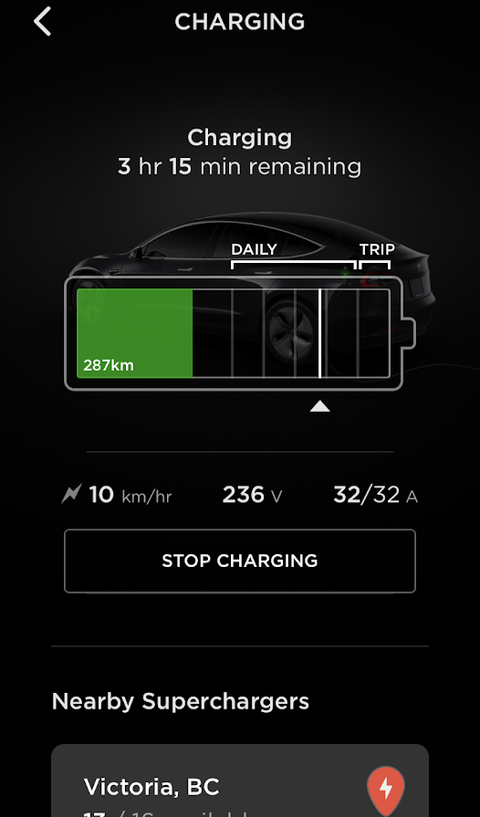 Tesla iOS app charging changes km