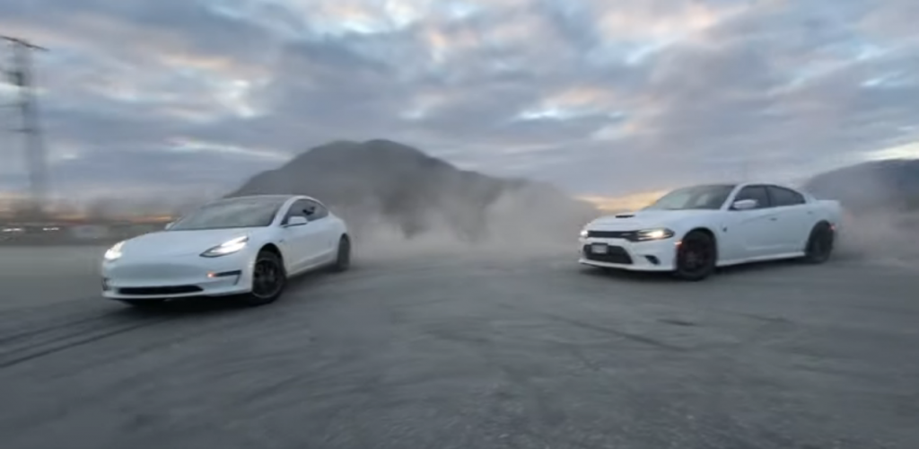 Tesla Model 3 Standard Range Plus goes up against Dodge Hellcat in drifts, drags, and burnouts