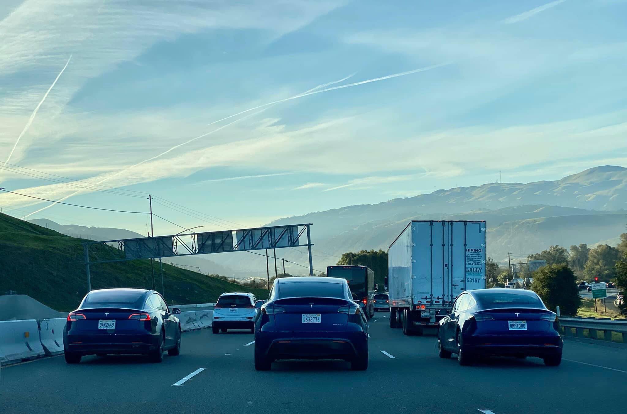 Blue Tesla Model Y and Model 3 size comparison