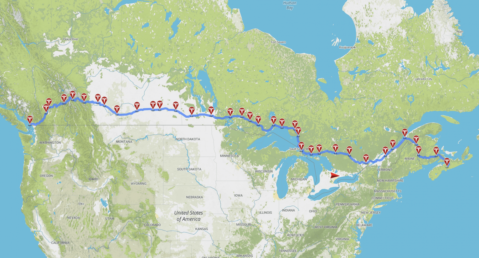 Fast EV Trans-Canada Supercharger Route