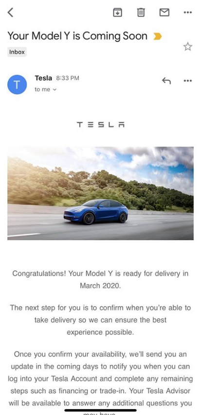 Model Y delivery email