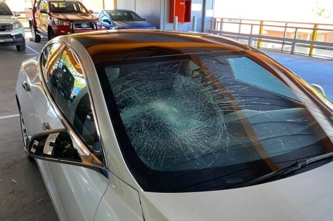 Tesla Sentry Mode smashed windshield in Albury Australia