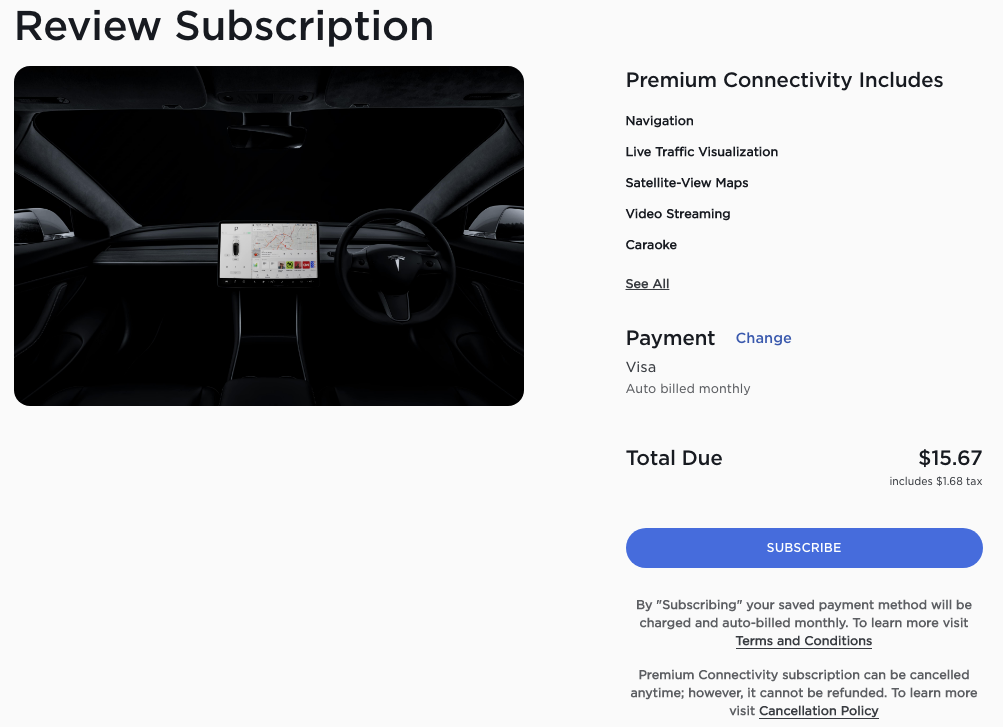 Tesla Premium Connectivity subscription 2