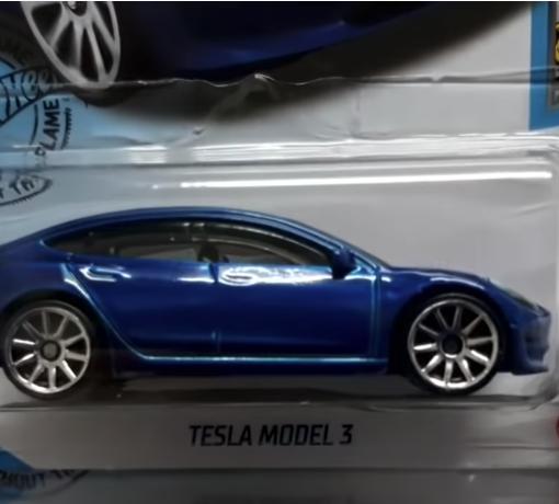 Blue Tesla Model 3 Hot Wheels close up
