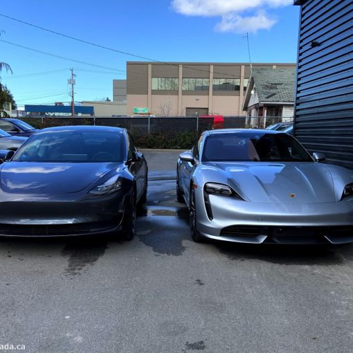 Porsche Taycan Tesla Model 3 side by side