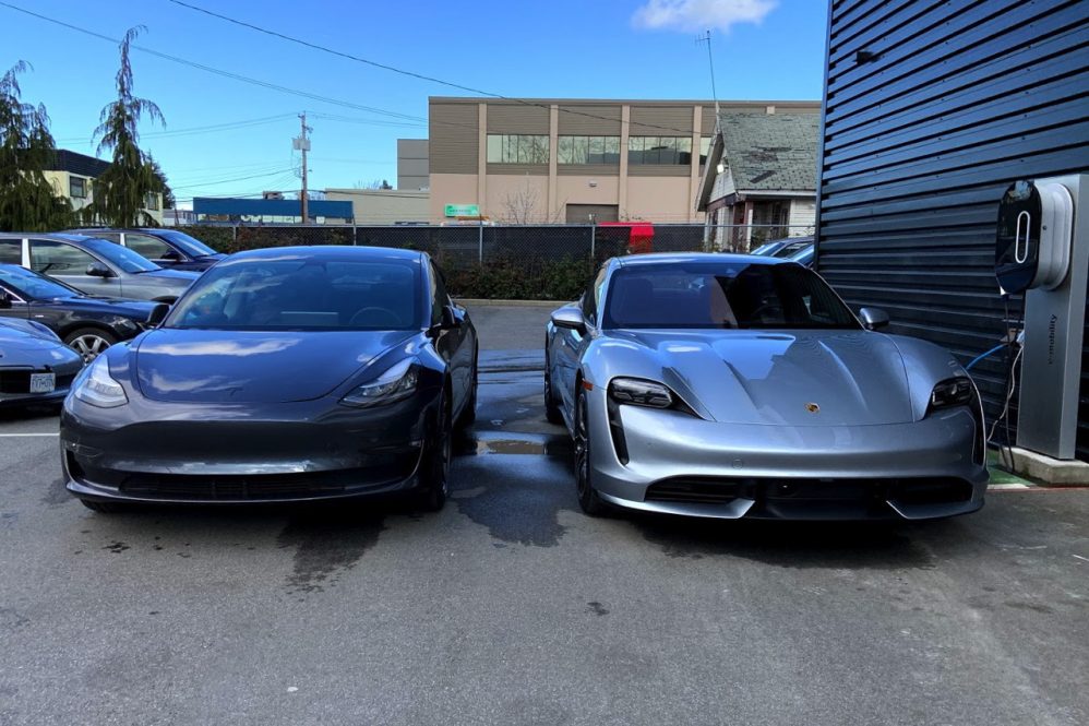 Porsche Taycan Tesla Model 3 side by side