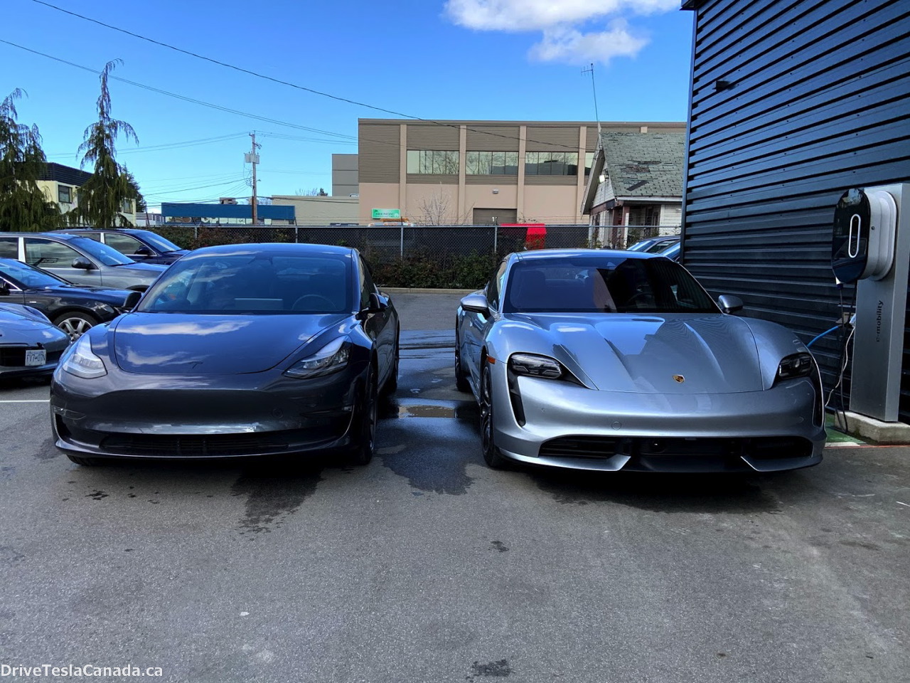 Porsche Taycan Tesla Model 3 side by side