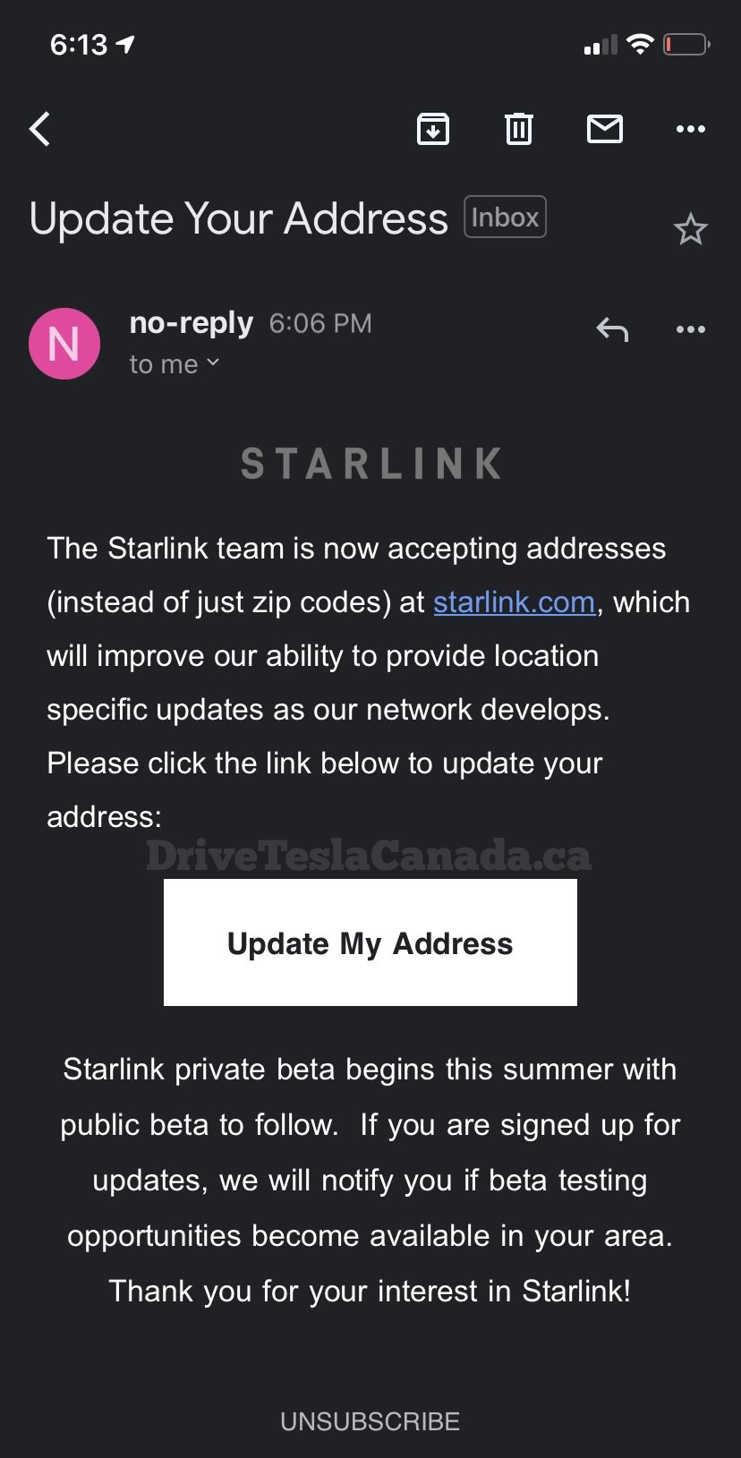 Starlink service address email