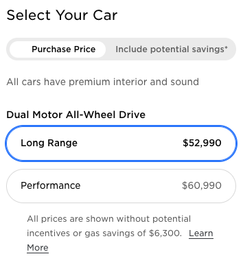 Tesla Model Y US prices before