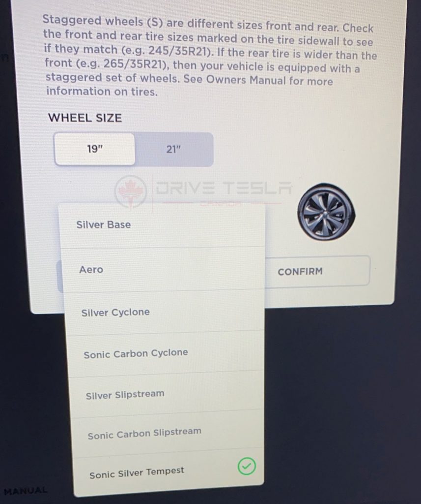 Model S wheel config menu