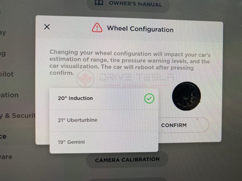 Model Y wheel config menu