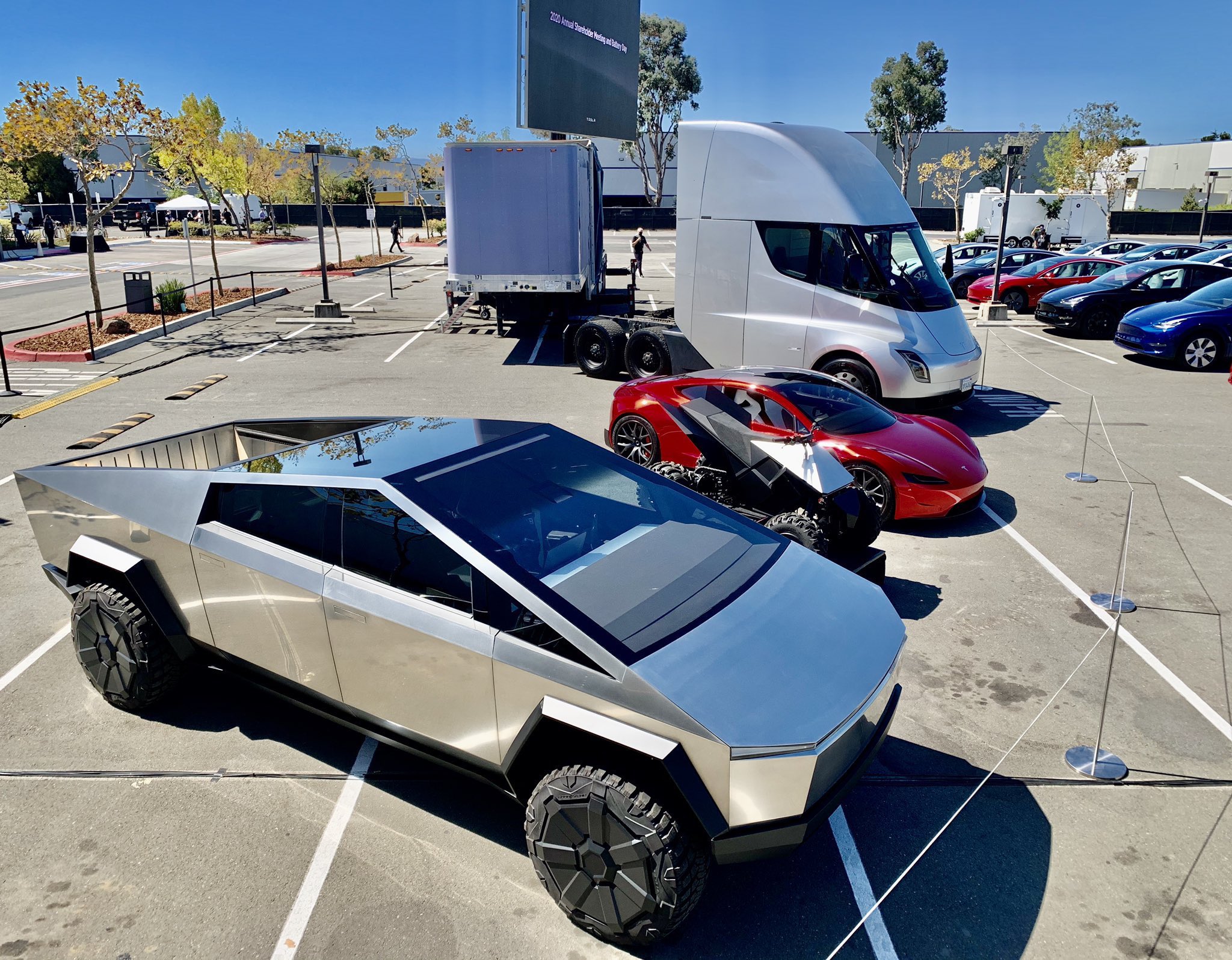 Tesla Cybertruck, Cyberquad, Roadster, and Semi on display at Annual