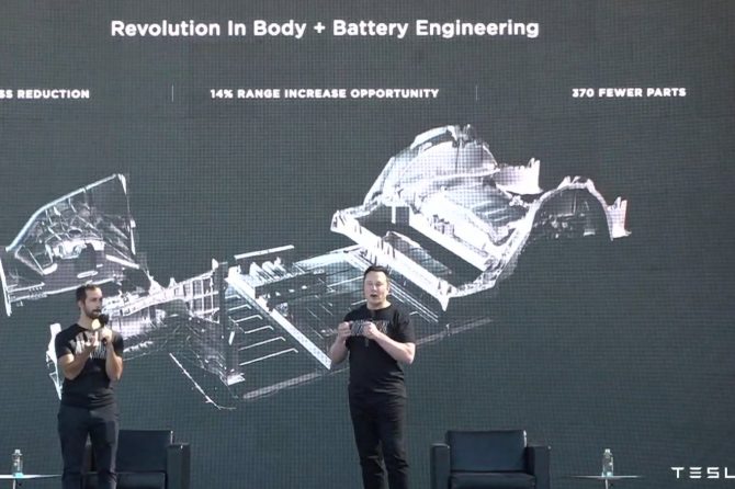 Tesla single piece casting and integrated battery