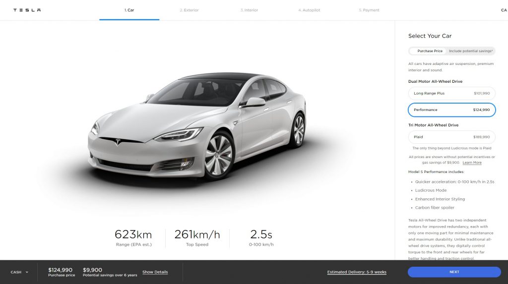 New Performance Tesla Model S range