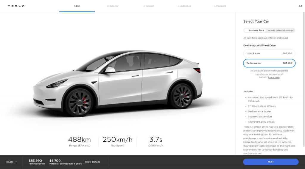 New Tesla Model Y performance range