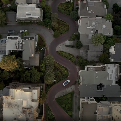 Tesla FSD Lombard Street aerial