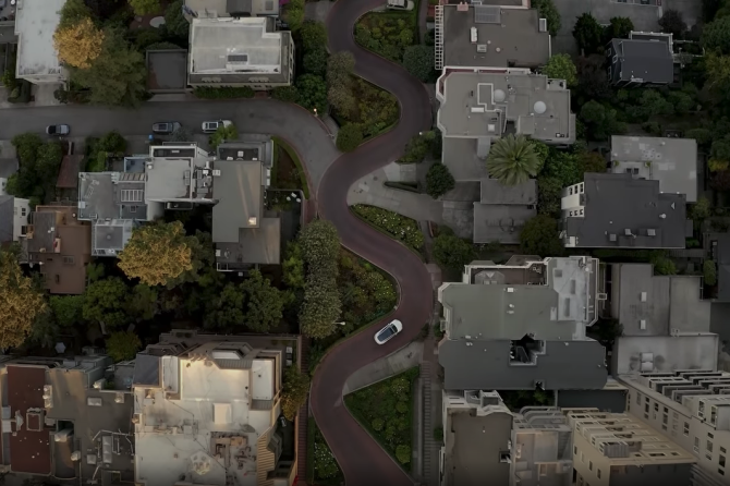 Tesla FSD Lombard Street aerial
