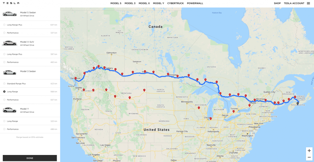 Tesla Trip Planner Canada