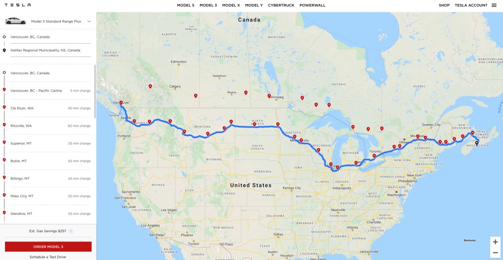 Tesla Trip Planner Vancouver to Halifax SR+