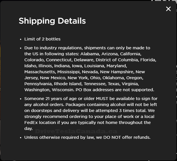 Teslaquila shipping page details
