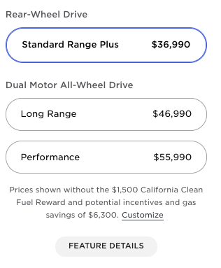 New Model 3 prices US