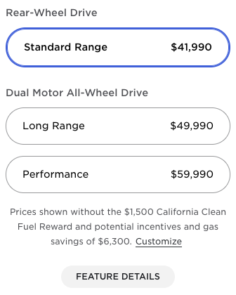 Old Model Y prices US