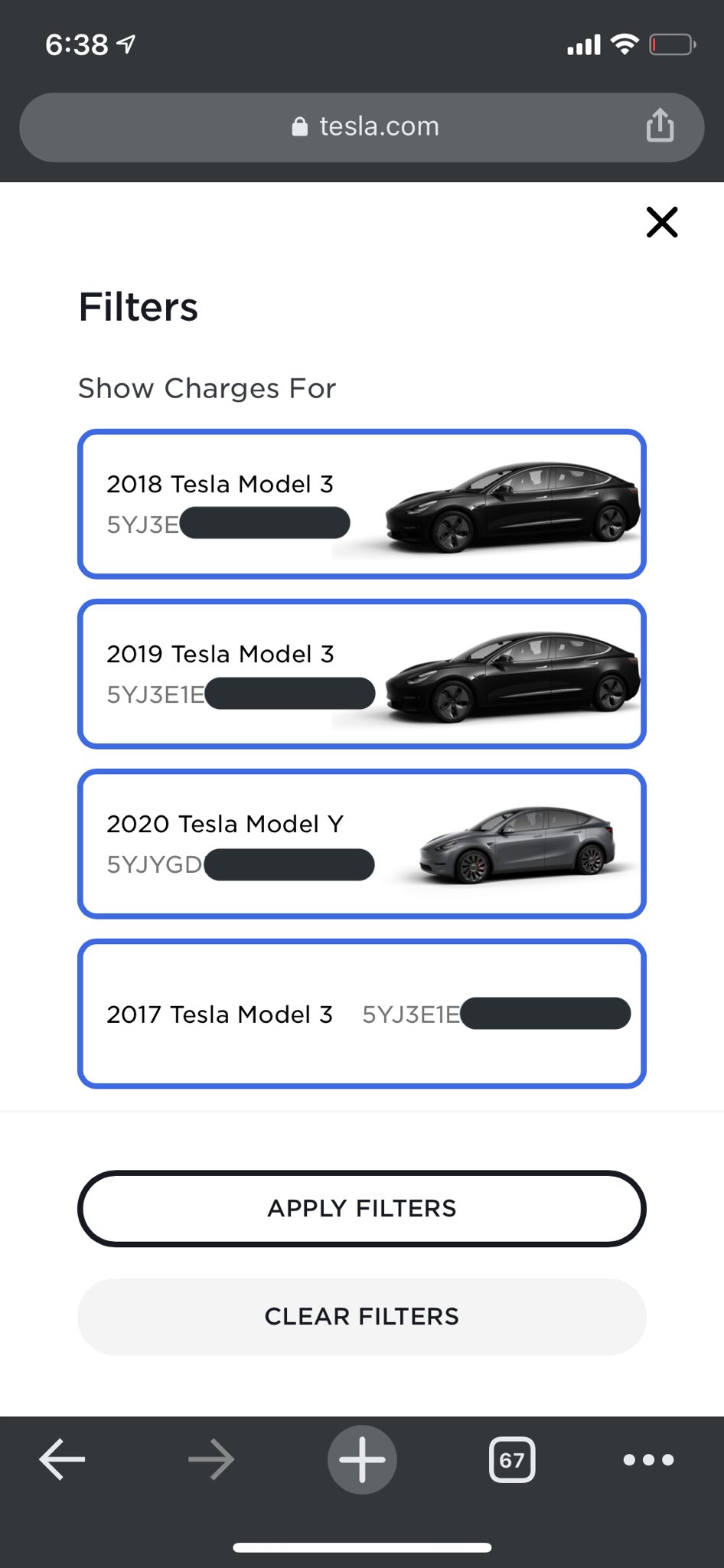 Tesla vehicle filtering