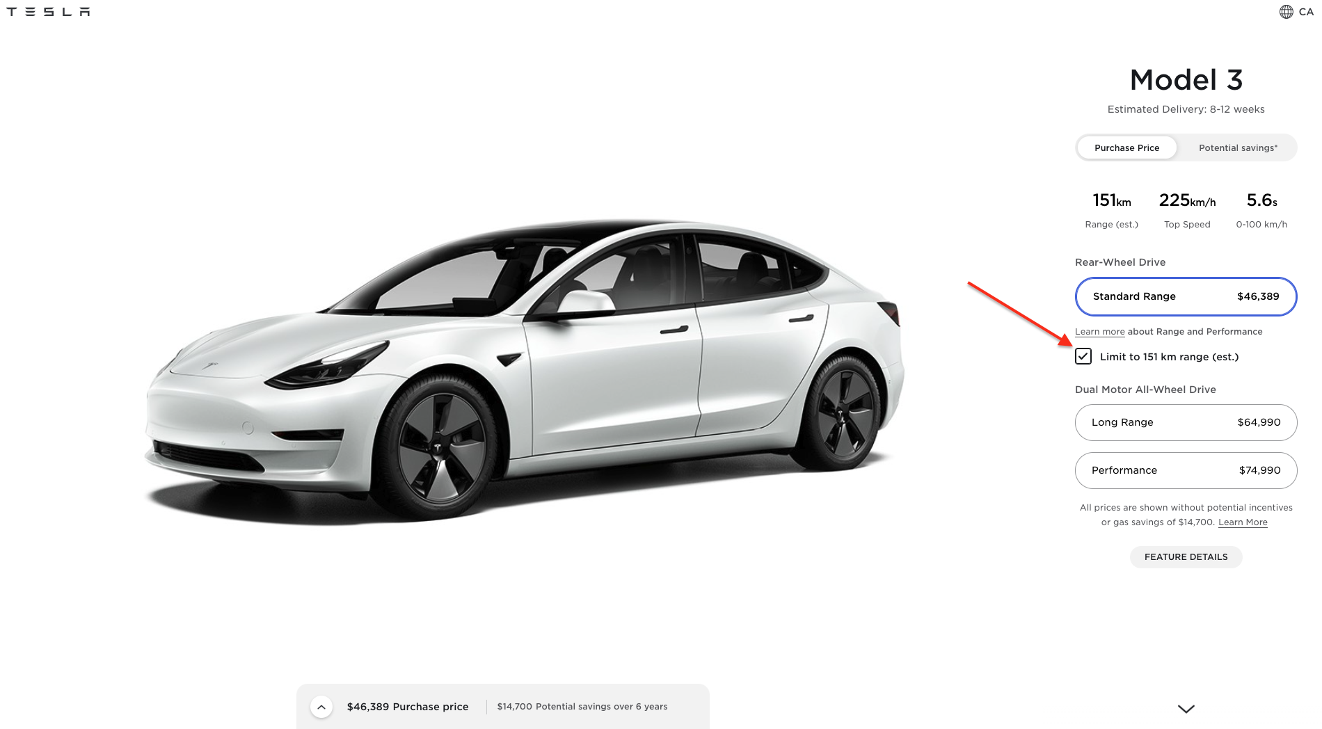 Tesla's 151km Standard Range Model 3 gets added to Canadian Design