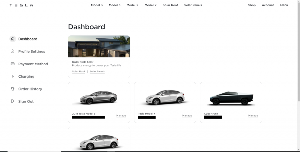 tesla Account Page Screenshot