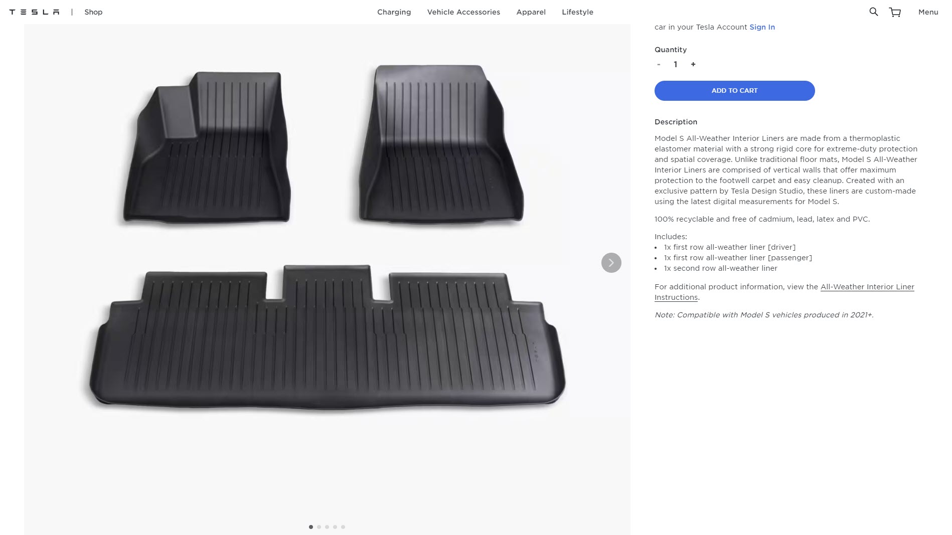 2021+ Model S AllWeather Interior Liners added to Tesla Shop Drive Tesla
