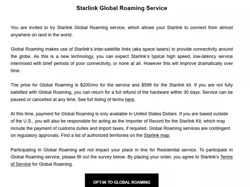 SpaceX global roaming Starlink offer email
