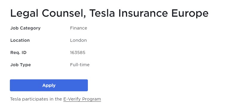 Tesla Insurance Europe job posting