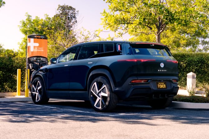 Fisker Ocean; Public Charging Photoshoot; Night Drive; 2023; Fisker Inc.