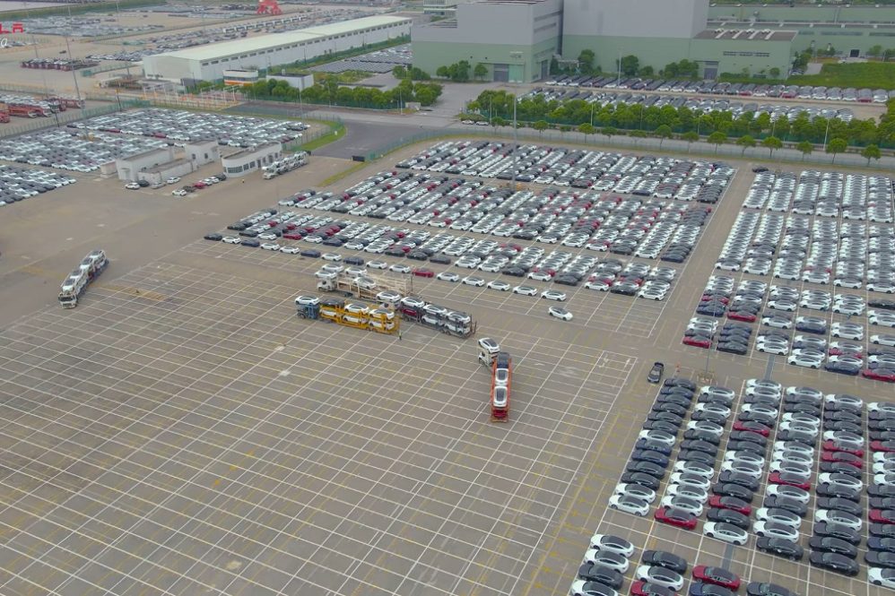 Thousands of Tesla Model 3 cars at Shanghai's Nankang port, China