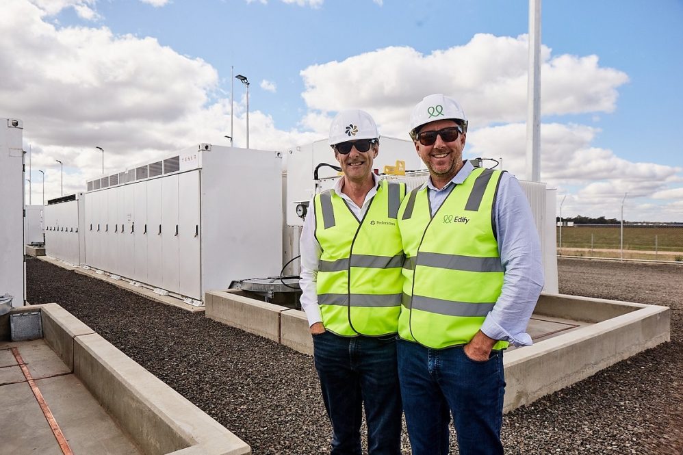 Edify Energy CEO John Cole (right) and Federation Asset Management partner Steven Panizza at the project in Murrumbidgee Shire, New South Wales. Image: Michelle Grogan.