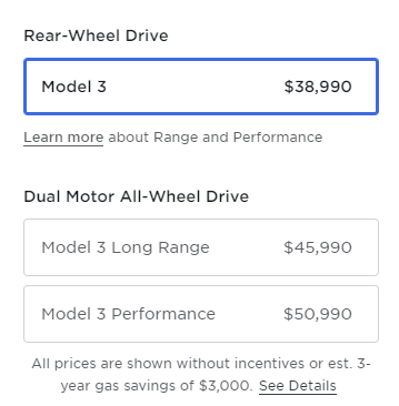 model 3 prices