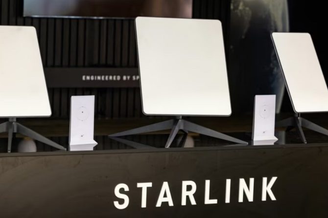 Starlink satellite antennas are shown at an international trade show on Aug. 31, 2023, in Berlin, Germany.