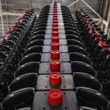 Rows of Starlink satellites stacked for launch
