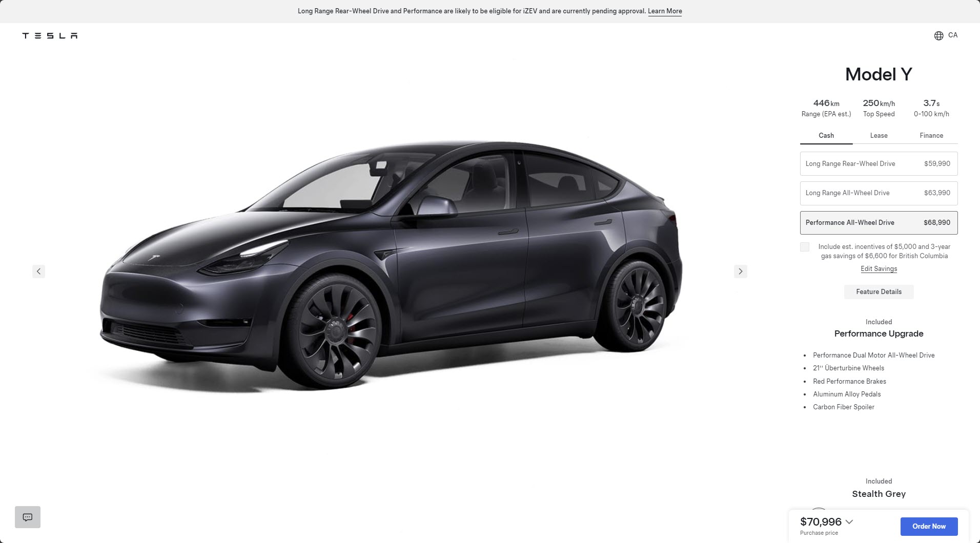 Tesla Model Y LR RWD and Performance are pending iZEV rebate approval